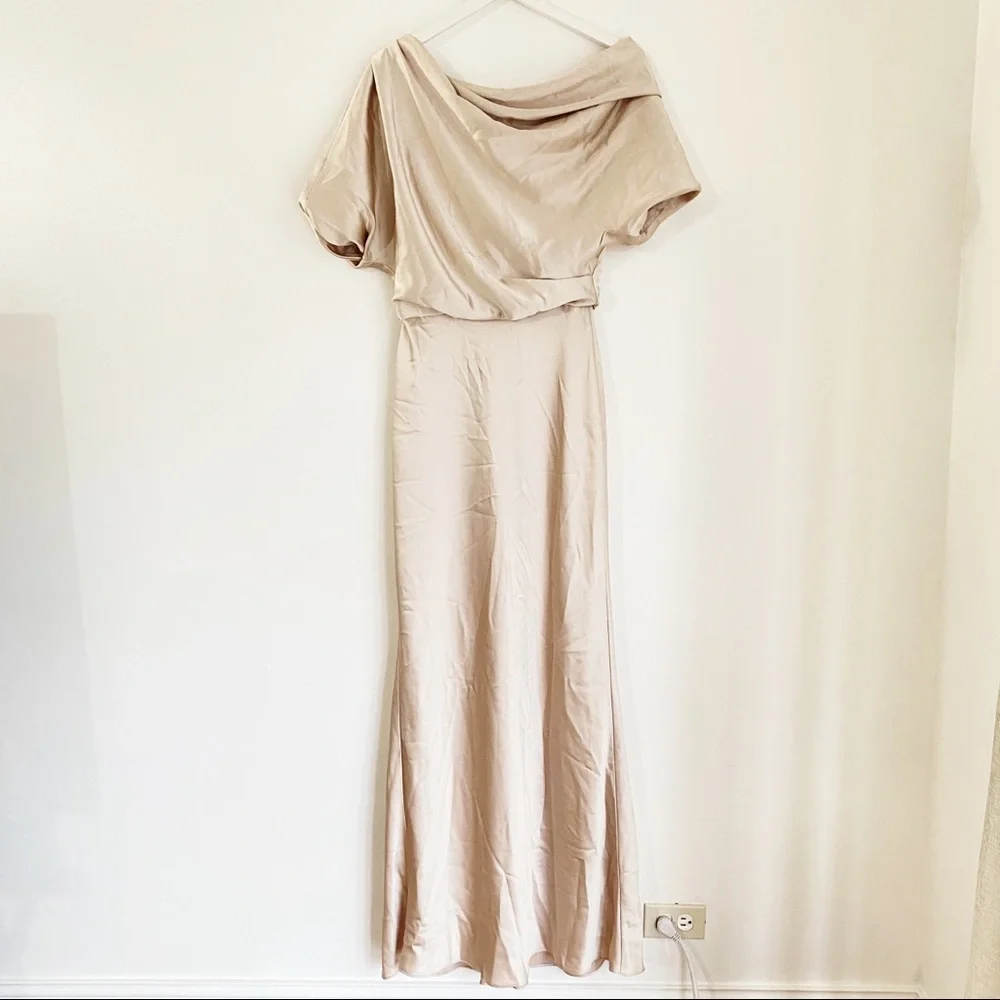Amsale One Shoulder Satin Dress in champagne - Picture 7 of 13